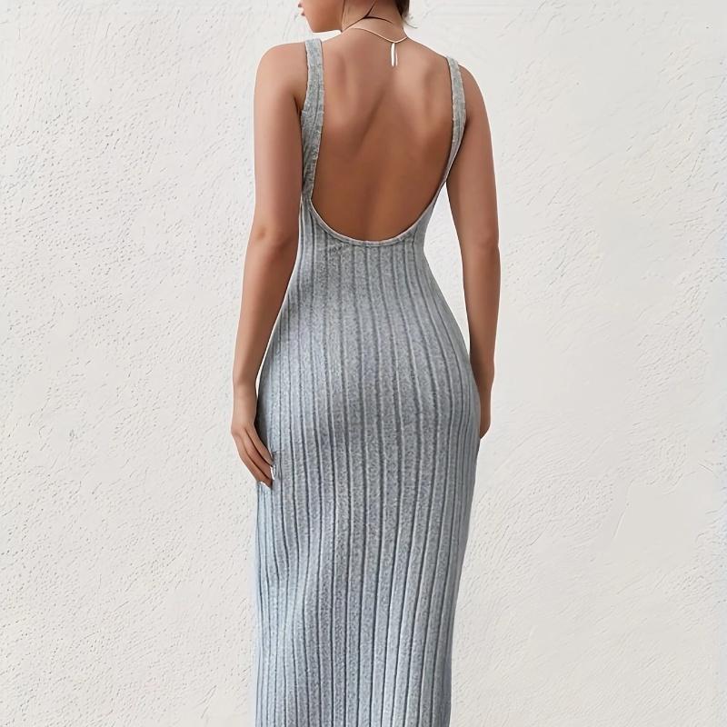 Solid Backless Tank Dress Summer New Sexy Backless Mid-length Knitted Sleeveless Dress