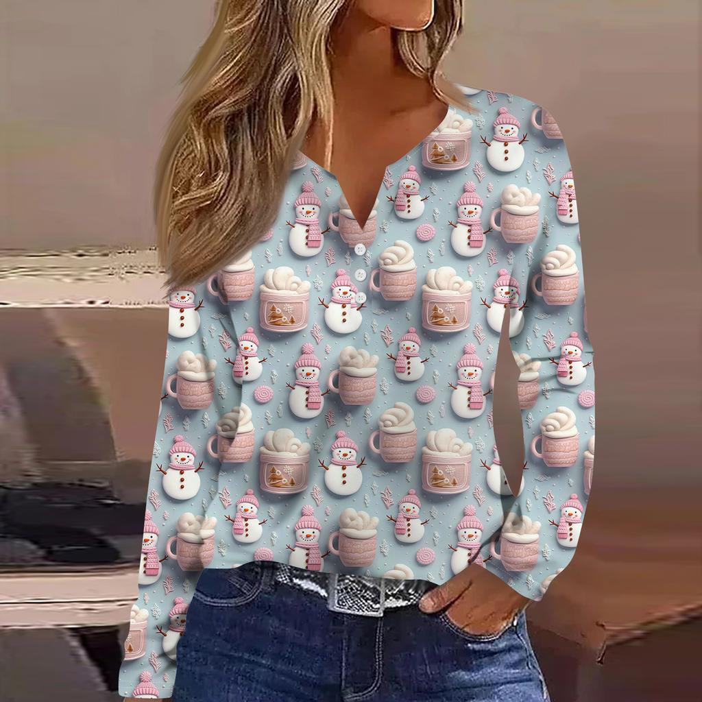 Женская модная повседневная футболка с V-образным вырезом, на пуговицах, с длинным рукавом, с рождественским принтом