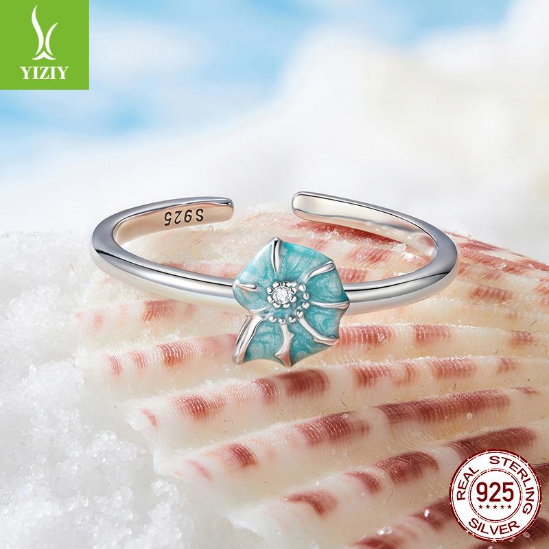 S925 Sterling Silver Conch Open Adjustable Ring, Blue Summer Wear Ring Charm