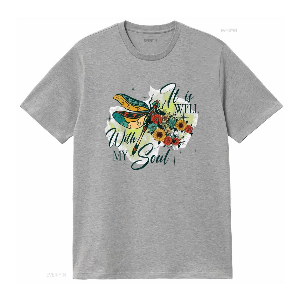 It is Well with My Soul Dragonfly Flowers Womens Summer Tops T Shirt White vintage Washed Soft Top For Everyday Wear Stretched