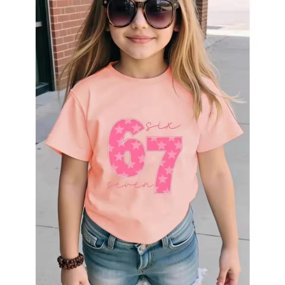 Summer Girls kids Pure Cotton Short-Sleeve T-Shirt  67 Stylish Comfortable Round Neck T-Shirt Cute Children's Birthday Gift Pink