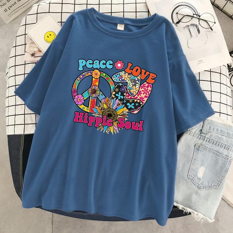Женская футболка с принтом Peace Love Hippie Soul, летний прохладный топ с коротким рукавом, уличная свободная одежда