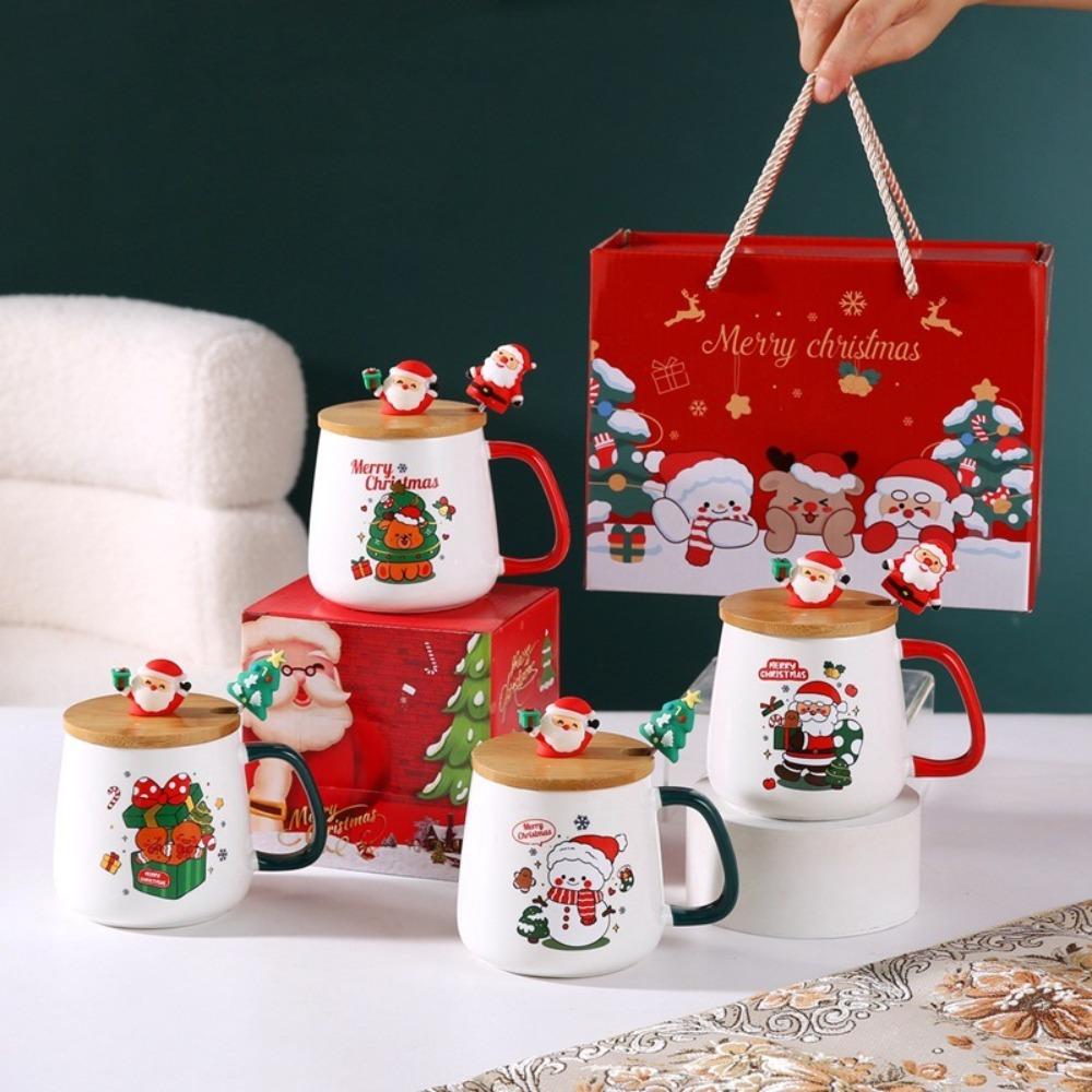 New Merry Christmas Mug Gift Box Ceramic Red Green Cup Spoon Set Party Accessories Wooden Lids Coffee Cup Teaspoon Home Use
