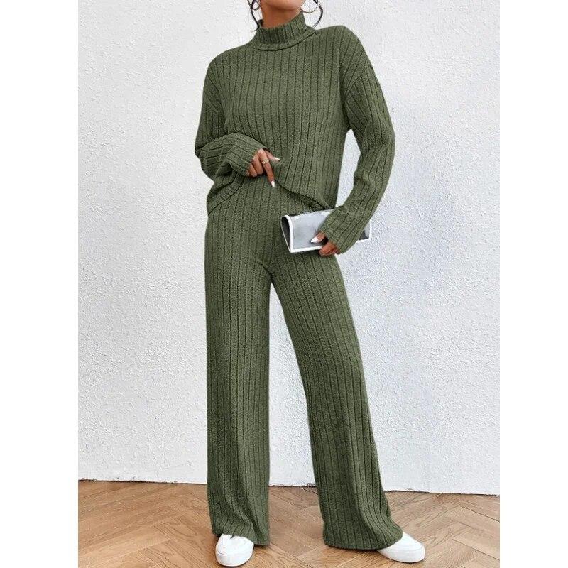 Осень-зима вязаная блузка и длинные брюки 2 комплекта из двух предметов женские наряды модные повседневные свободные топы с высоким воротом и длинными рукавами