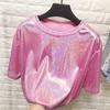 New Summer Retro Style Stylish Bright Silk Woman Tops Shiny Loose Short Sleeve T-shirt Sexy Club Aesthetic Harajuku Women Tshirt