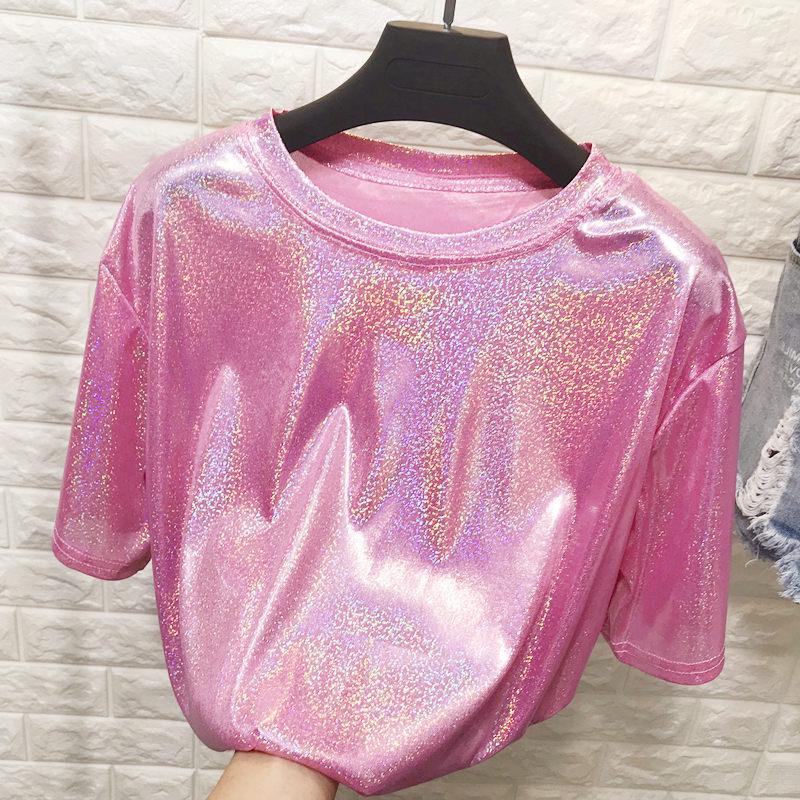 New Summer Retro Style Stylish Bright Silk Woman Tops Shiny Loose Short Sleeve T-shirt Sexy Club Aesthetic Harajuku Women Tshirt