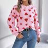 GMXIA Autumn and Winter Casual Color-blocking Heart-shaped Lantern Sleeve Pullover Sweater for Valentine's Day Women's Wear