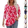 Women's Fashionable Casual Pleated Round Neck Casual Floral Print Seven Quarter Sleeved T-shirt Top
