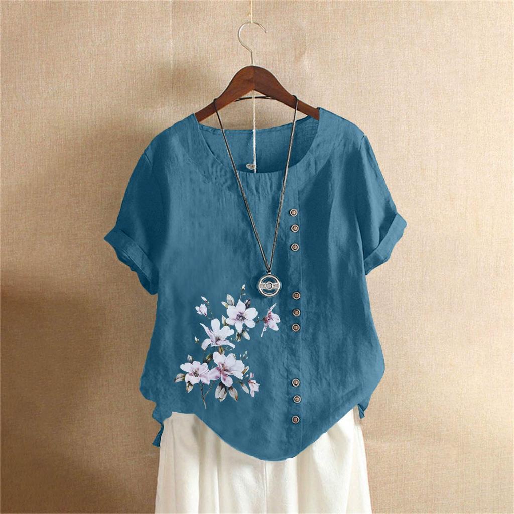 Хлопковая и льняная женская одежда Лето и осень Ретро Повседневная свободная хлопковая и льняная футболка с коротким рукавом Женская одежда больших размеров