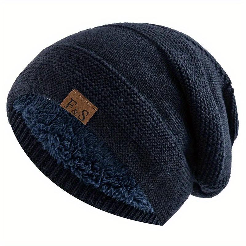 Unisex Slouchy Winter Hats Warm Fleece Lined Beanie Cap Men Women Casual Label Decor Winter Mixed Color Knitted Hats