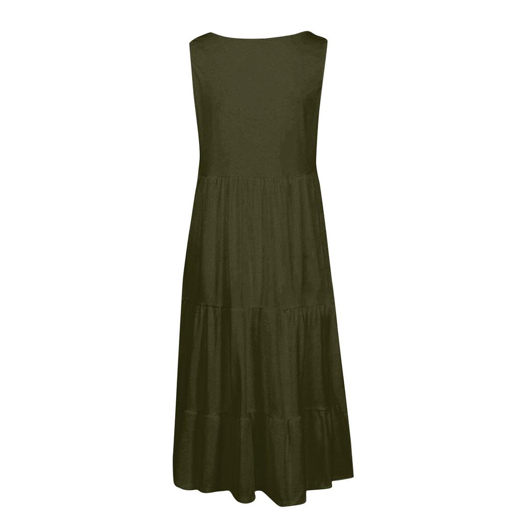 Женские платья-жилеты Лето-весна Плиссированные богемные платья Симпатичные струящиеся пляжные платья без рукавов Прямая футболка Платья-майки Платья с круглым вырезом