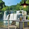 Blue Sky Waterfall Wall Mural Green Forest Natural Scenery Wallpaper for Living Room Decor
