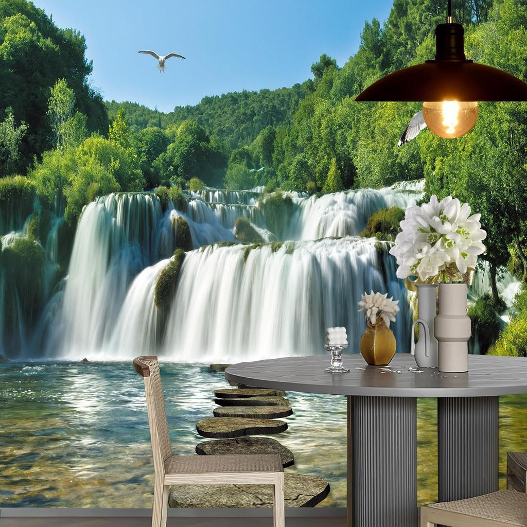 Blue Sky Waterfall Wall Mural Green Forest Natural Scenery Wallpaper for Living Room Decor