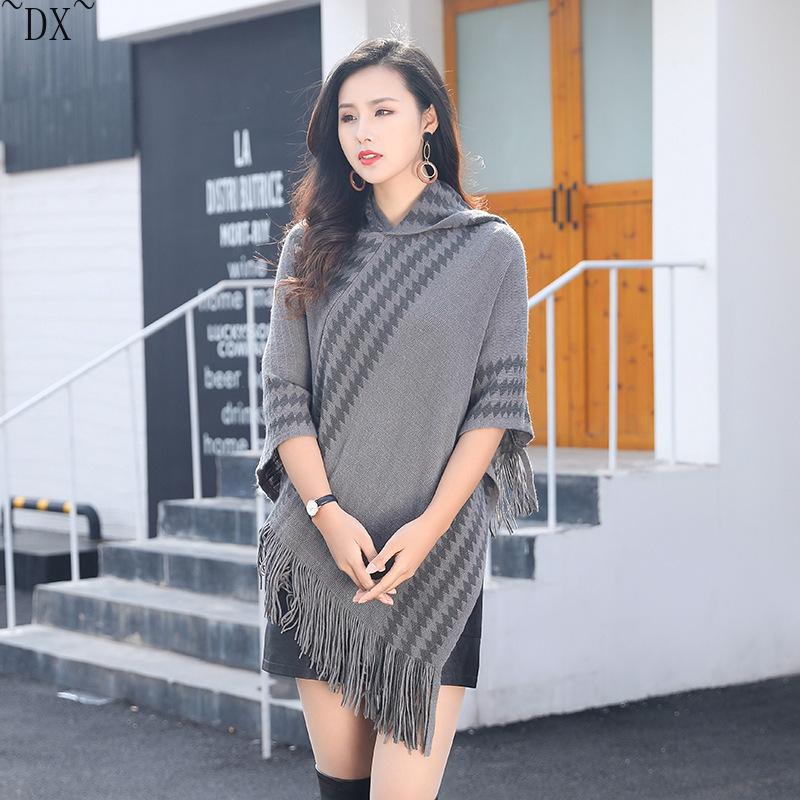 DX~~ осенне-зимний новый вязаный кашемировый плащ из тонкой шерсти, шаль с капюшоном, черно-белая шаль с геометрическим рисунком, соответствующая цвету