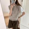 Корейский вязаный жилет в ретро-полоску 2025 с пуговицами-рожками - Женский свитер без рукавов с круглым вырезом