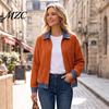 Casual Everyday Top Women Corduroy Denim Zip-Up Jacket, Long Sleeve Coat, Relaxed Fit Jacket Fall Winter with Contrast Turndown Collar Spliced Coat