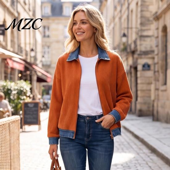 Casual Everyday Top Women Corduroy Denim Zip-Up Jacket, Long Sleeve Coat, Relaxed Fit Jacket Fall Winter with Contrast Turndown Collar Spliced Coat