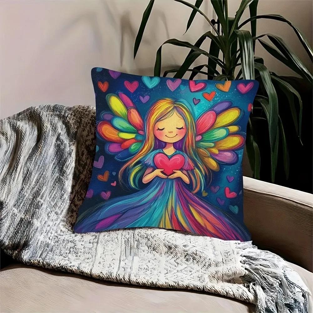 Rainbow Wings Angel D Flat Printed Peach Skin Pillowcase Cute Fairy Heart Cushion Cover for Kids Room Sofa Bedroom Home Decor