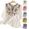 Женская блузка с вышивкой, свободного кроя, в винтажном стиле, из смесовой хлопково-льняной ткани, с V-образным вырезом и рукавами средней длины