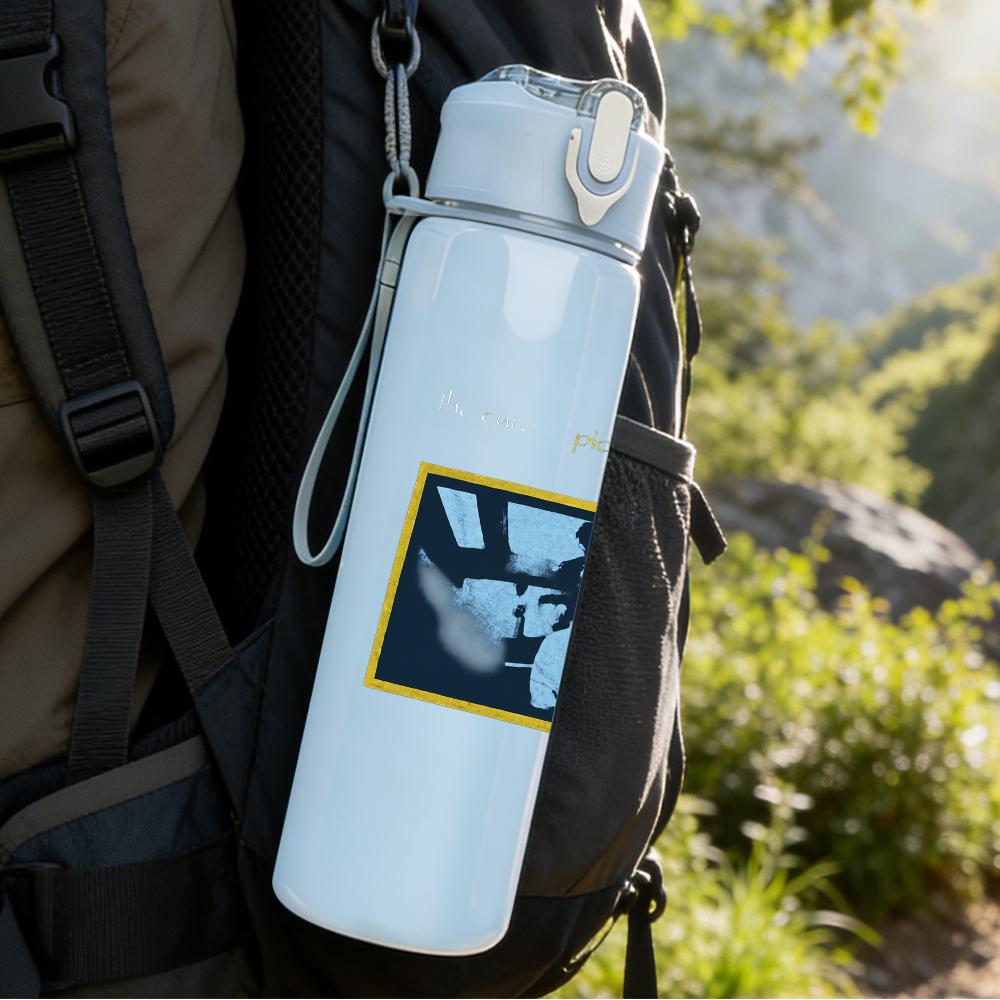 1PC Blue rectangular band album cover print 750ml colorful plastic sports water bottle leakproof pop up lid with straw for outdoor work home use