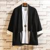 Summer Men's Kimono Jackets Cardigan Lightweight Casual Cotton Blends Linen Seven Sleeves Open Front Hanfu Coat
