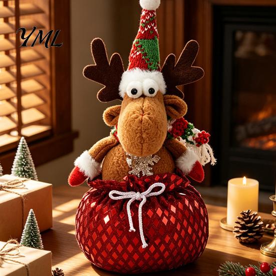Decorative Storage Bowls Sequins Christmas Santa Claus/Snowman/Elk Ornaments with Candies Pocket, Festive Table Centerpieces Red or Green Figures for
