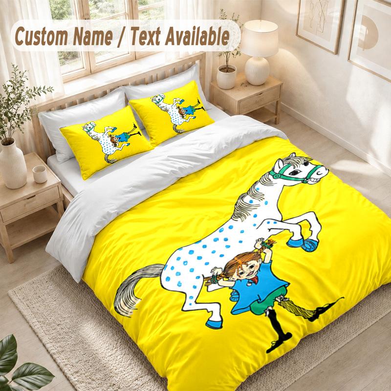 Pippi Longstocking Bedding Set, 1 Duvet Cover & 2 Pillowcases Soft Comfortable Bedroom Home Textile Decor