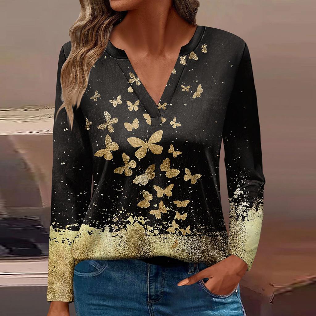 Women's T Shirt Tee Printed Long Sleeve Daily Weekend Fashion Basic V Neck Regular Top