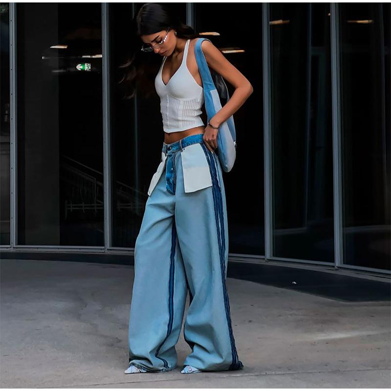 Женские джинсы в стиле пэчворк с высокой талией, прямые длинные брюки, износостойкий дизайн, светло-голубые выцветшие летние брюки