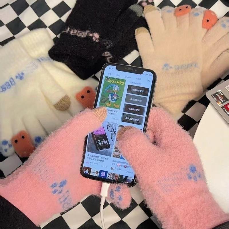 Перчатки зимние женские милые бархатные теплые для холодной погоды с сенсорным экраном мягкие для девочки для велоспорта для студентки с пятью пальцами для верховой езды осень и зима