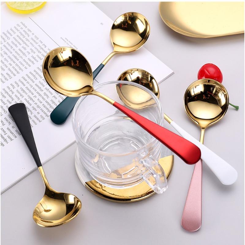 Ложка из нержавеющей стали 304, Золотая ложка с круглым кончиком, металлическая цветная ложка для мороженого, ложка для риса, ложка для супа