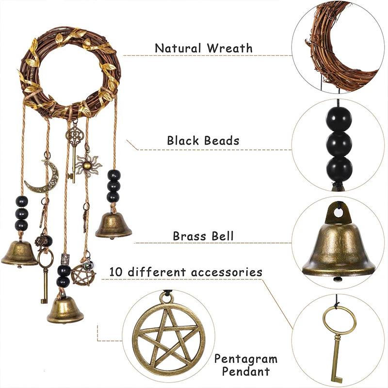 Бохо Музыка Ветра с Колокольчиками, Ручной Плетеный Венок Подвесное Украшение, Ведьминский Декор для Дома на Дверь Стену Сад, Сельский Колдовство