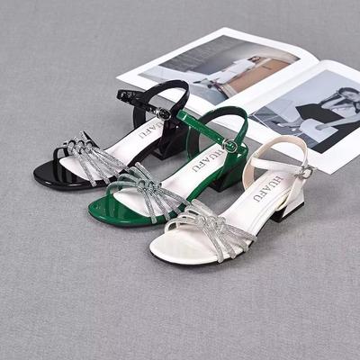 Женские летние новые босоножки на толстом каблуке Bright Face Water Diamond с открытым носком One line with Square Head на среднем каблуке