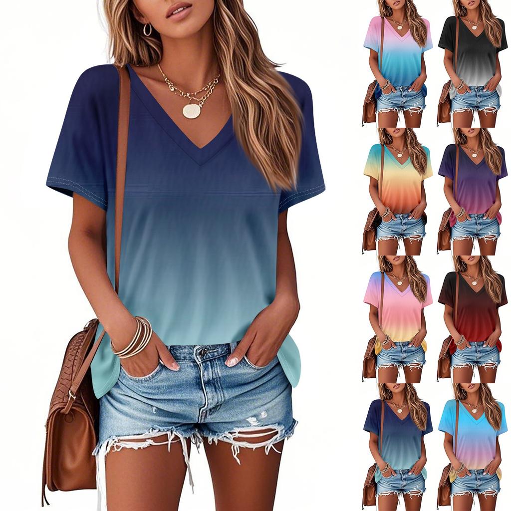 T Shirts For Women Pleated V Neck Dressy Casual Blouses Printing Short Sleeve Summer Tops Loose Fit