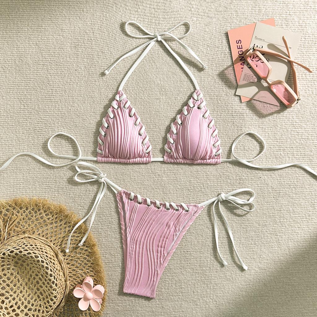 Sexy Triangle Bikini Set New Solid Color Textured Ribbed Halter Lace Up Tie Side Summer Beach Vacation Ins Fashion Swimwear