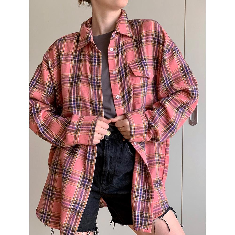 Розовые рубашки и топы в клетку, женская уличная одежда, повседневный топ в клетку с длинными рукавами, однобортная рубашка большого размера, женская