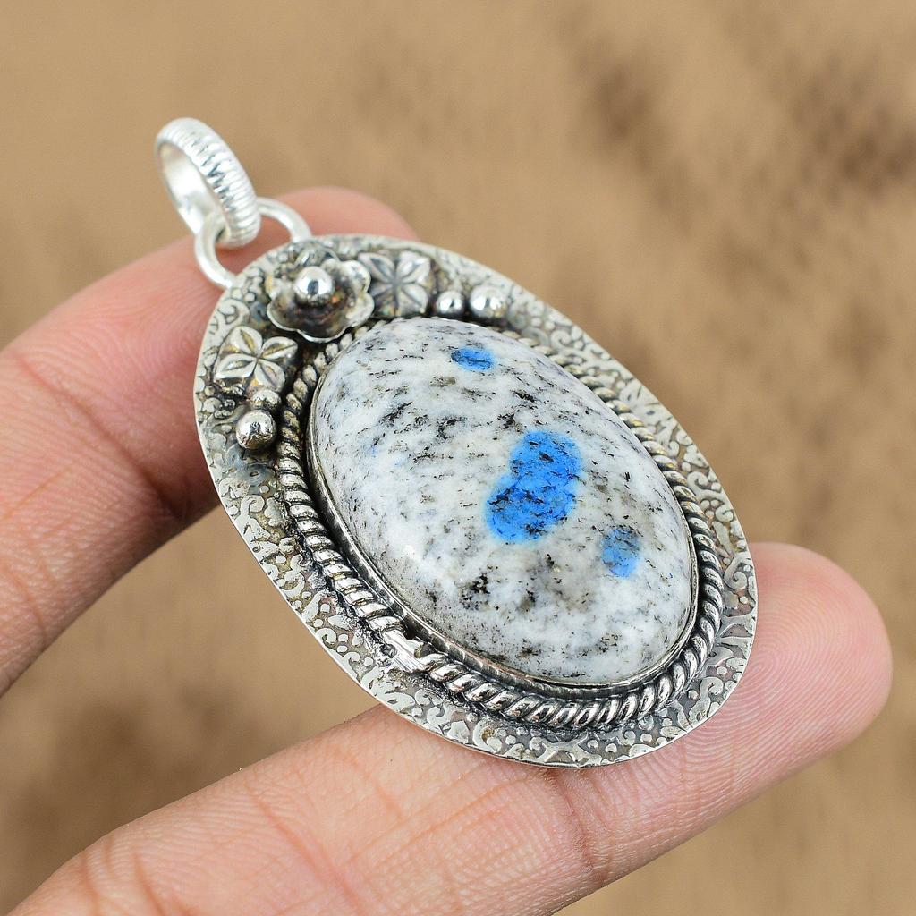 K2 Jasper Gemstone Art Deco Flower Handcrafted Pendant Jewelry Sterling Silver