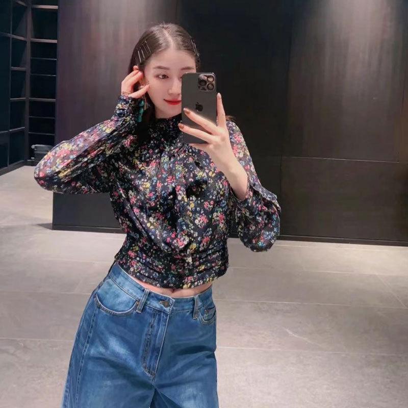 Mall 1116 Women's Spring and Autumn New Versatile Temperament Retro Floral Ribbon Long Sleeve Shirt 1111911