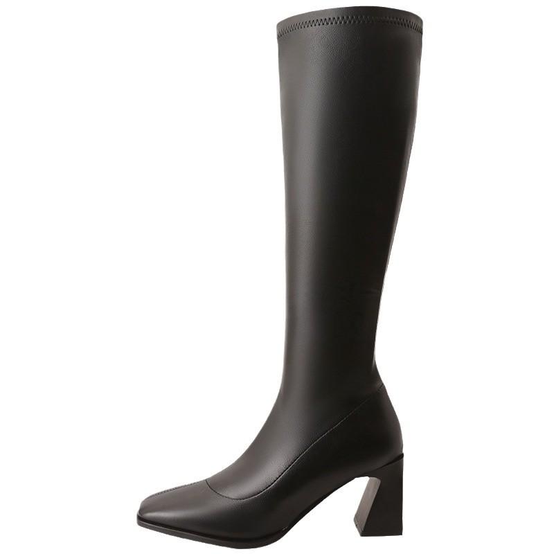 Женские сапоги на толстом каблуке, до середины колена, на резинке, новые длинные сапоги 2024 года с молнией сзади и тонкими квадратными носами рыцарских сапог