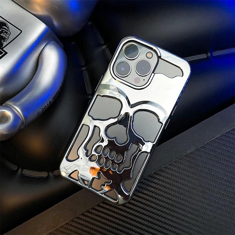 Cool Hollow 3D Skull Phone Case for iPhone 16 15 14 Plus 13 12 11 Pro Max Plating Gothic Skeleton Design Shockproof Cover