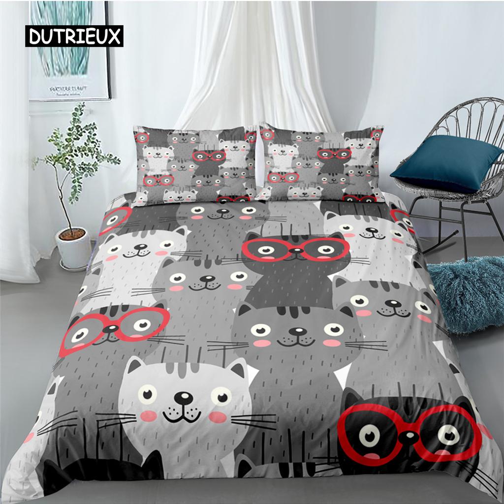 Cartoon Cat Duvet Cover Set for Kids Girl Microfiber Kitten 2/3pcs Cartoon Animal Bedding Set Single Twin Queen King Quilt Cover