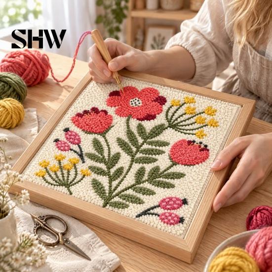 Linen Fabric Embroidery Project Floral Punch Needle Kit with Wooden Frame, DIY Flower Art, Tulip Pattern Starter Craft for Beginners, Wall Hanging