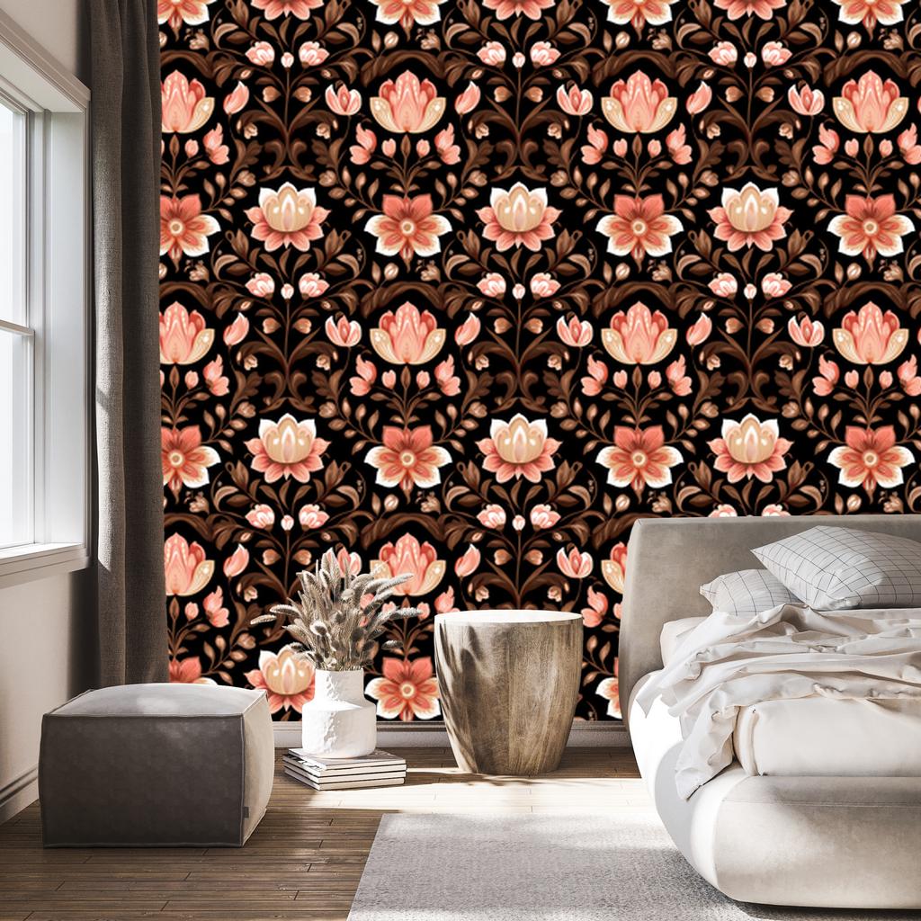Wallpaper Beautiful Flowers Rust, Black and Orange for Living Room and Bedroom 50x1000