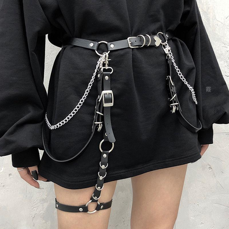 Women Skirt Belt PU Leather Hip Hop Style Sexy Jeans Dress Heart Punk Belt with Metal Waist Chain Female Apparel Accessories