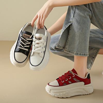 Женская обувь, Женские кроссовки, Белые туфли на толстой подошве, увеличивающие рост, Низкие, с круглым носком, на шнуровке, повседневные