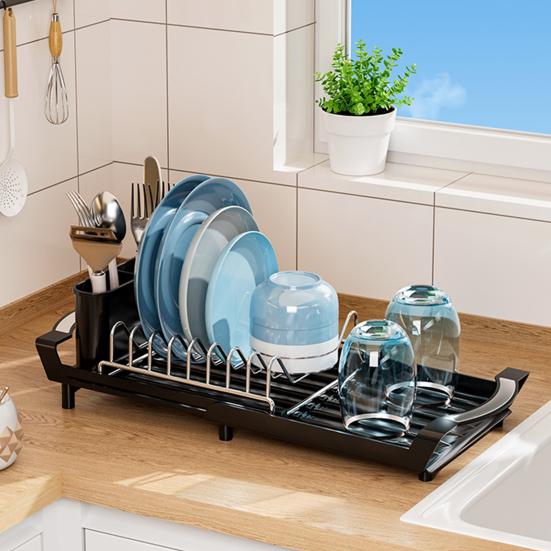 Dish Drying Rack with Cutlery Holder Large Capacity Strong Load-bearing Countertop Extendable Dish Rack with Drain Board