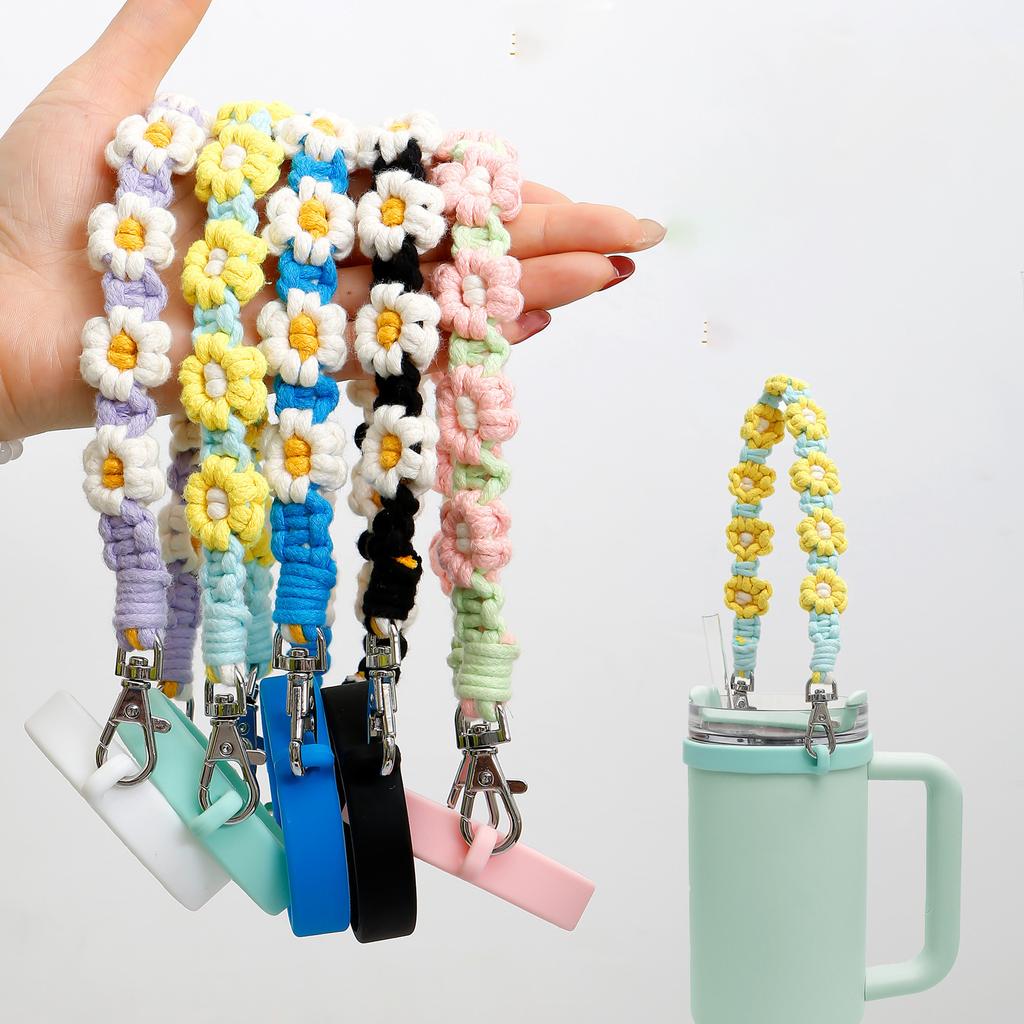 Handmade Macrame Daisy Drink Carrier with Adjustable Hand Strap Coffee Cup Sleeve Reusable Caddy for Boba Tumbler