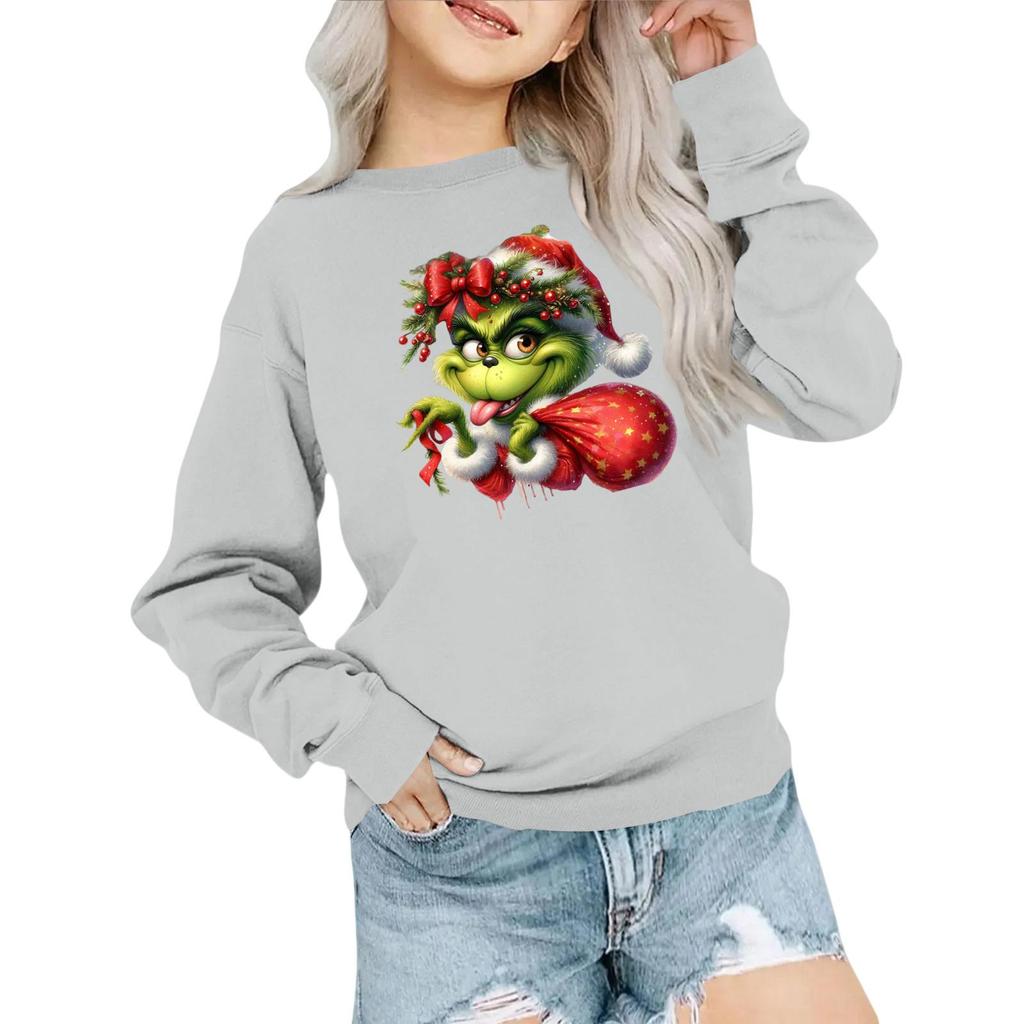 Kids' Fashion Loose-Fit Casual Long-Sleeve Christmas Print Oversized Crewneck Sweatshirt