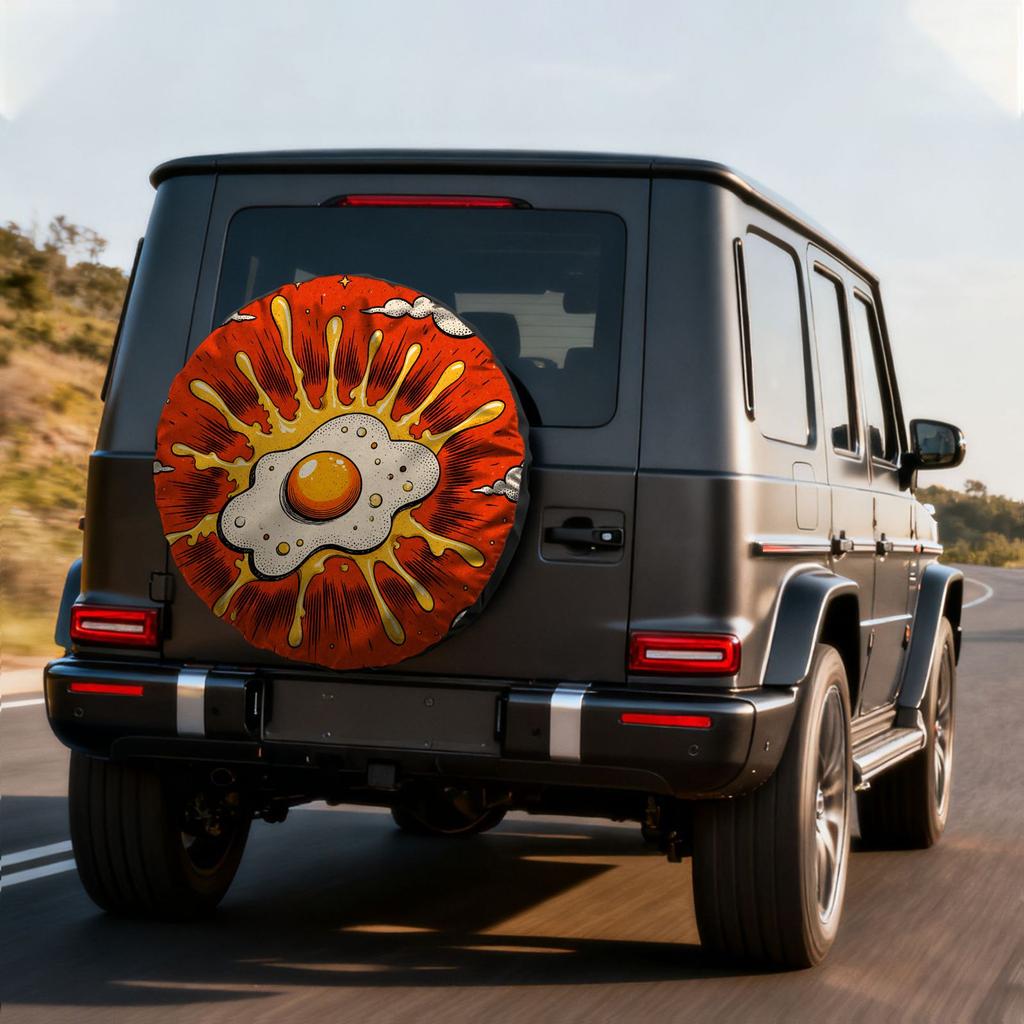 Vintage Pop Art Egg Pattern Tire Cover, Polyester Material, Bold Red Base With Yellow Dots, Fit For Cars, RVs, SUVs, And Trucks