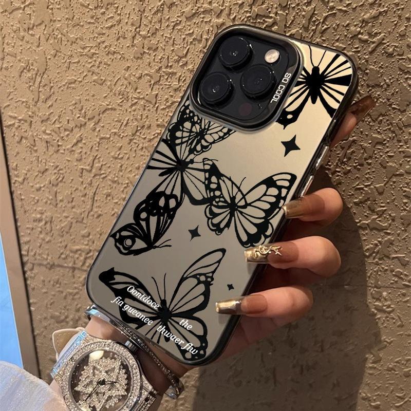 Черная бабочка подходит для чехла на мобильный телефон Apple 16promax iPhone15 цвет серебристый 13 противоударный 14 высококачественный лазерный.